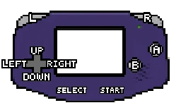 A gameboy advance controller with buttons labeled a, b, start, select, up, down, left, right, and left bumper